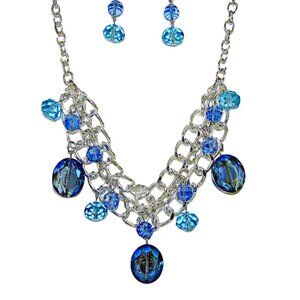 Blue Glass Beaded Statement Necklace Earring Set with light and dark blue colors